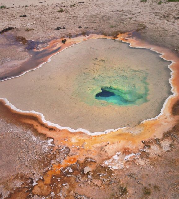 Stunning colorful hot spring formed by underground geothermal activity. This vibrant natural pool showcases an array of colors created by mineral deposits and extreme temperatures. Ideal for use in travel brochures, educational materials about geothermal phenomena, nature photography collections, and exhibitions.