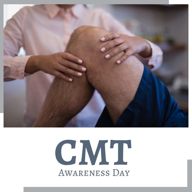 Square image of cmt awareness month text with picture of physiotherapist with a patient. Cmt awareness month campaign.