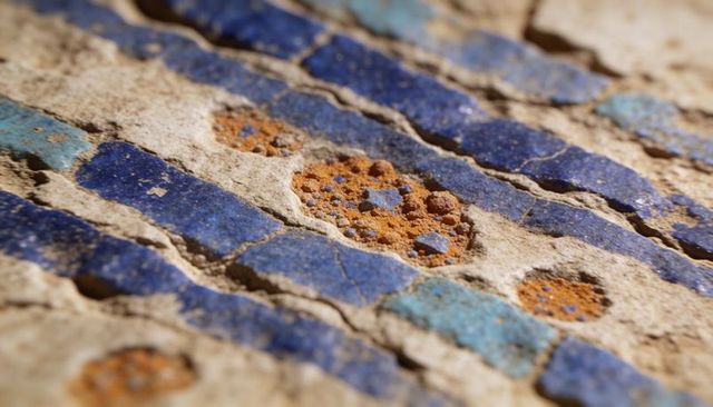 Macro close-up showing cobalt and turquoise mosaic tesserae revealing rust pitting and cracks