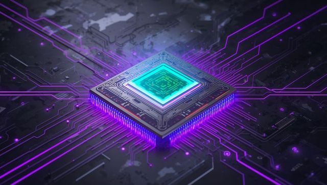 Pulsing neon microchip emitting cyan core on cyberpunk circuit board with purple traces
