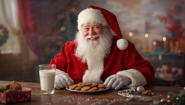 Festive santa enjoying christmas treats with warm smile