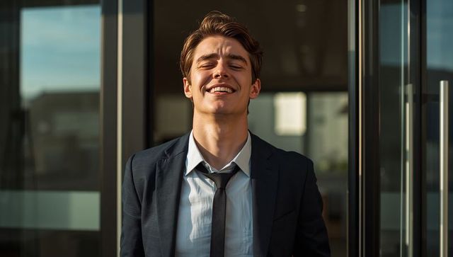 Sunlit young executive smiling in navy suit with loosened tie at modern office entrance