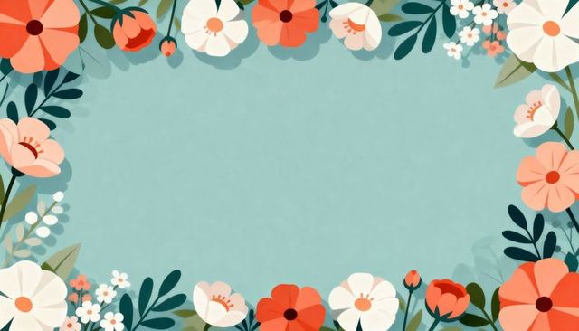 Teal greeting card frame with coral and white floral border for spring invitations