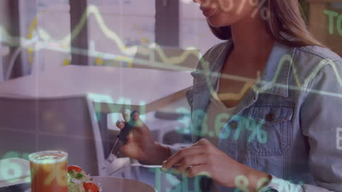 Woman Eating Salad with Data Interface Overlay