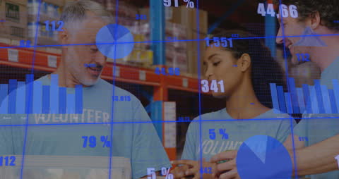 Volunteers Collaborating with Dynamic Financial Data Overlay