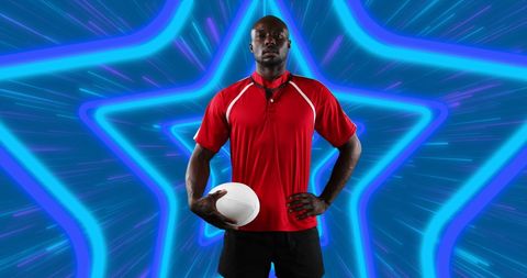 African Athlete Holding Rugby Ball with Futuristic Neon Star Background