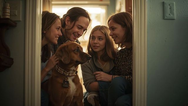 Crouching friends petting brown dog in sunlit doorway showing warm backlit bond