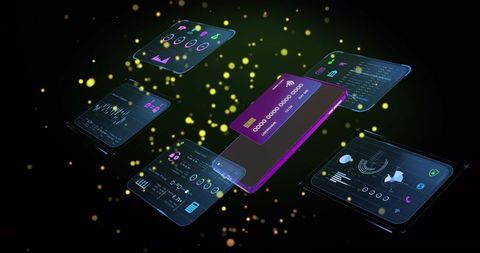 Purple contactless card hovering above touchscreen with fintech ui and neon analytics