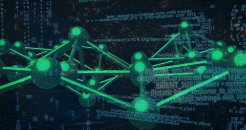 Glowing Green Molecular Network Rotating Through Futuristic Data Matrix Overlay
