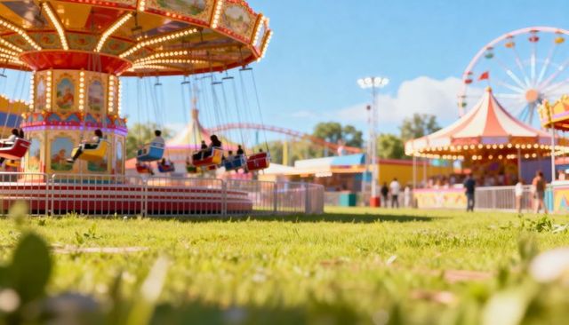 Swinging colorful chair ride over sunlit park lawn with ferris wheel and carnival tents
