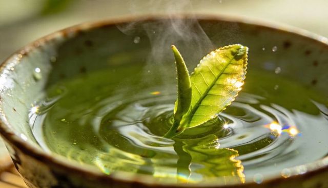 Floating green tea leaves creating ripples in ceramic bowl with sunlit steam