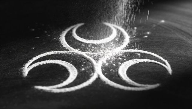 Falling white powder forming three interlocking crescents on dark textured surface