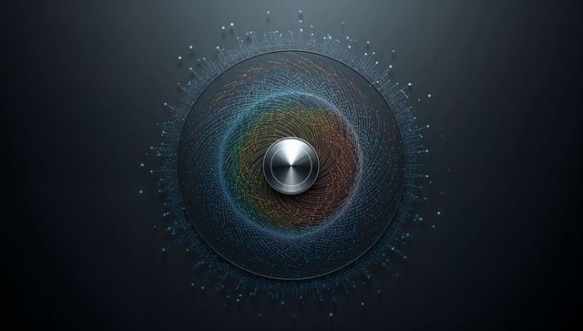 Rotating metal control knob creating vortex of colorful data lines and glowing nodes