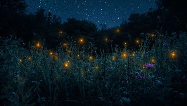 Fireflies Dancing Over Moonlit Wildflower Meadow Under Starry Night Sky