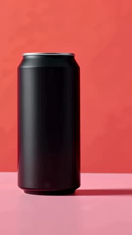 Vertical product video featuring matte black can on pink table with red backdrop