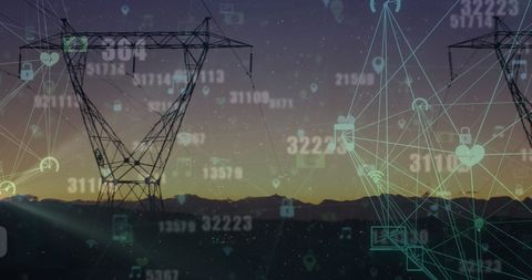 Digital Network Icons Overlay on Power Lines and Starry Sky - Download Free Stock Images Pikwizard.com