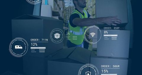Warehouse Worker stacking Boxes with Digital Logistics Overlay Icons