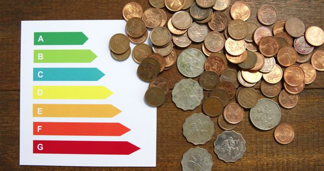 This image shows an energy efficiency rating chart next to various coins spread on a wooden table. The colorful chart indicates different levels of efficiency from A to G. The abundance of coins symbolizes financial considerations, savings, and investments related to energy efficiency. Ideal for content on financial planning, eco-friendly practices, energy saving tips, and cost management strategies.