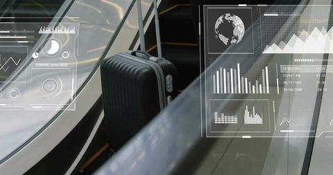 Black Suitcase on Escalator with Futuristic Digital Overlays