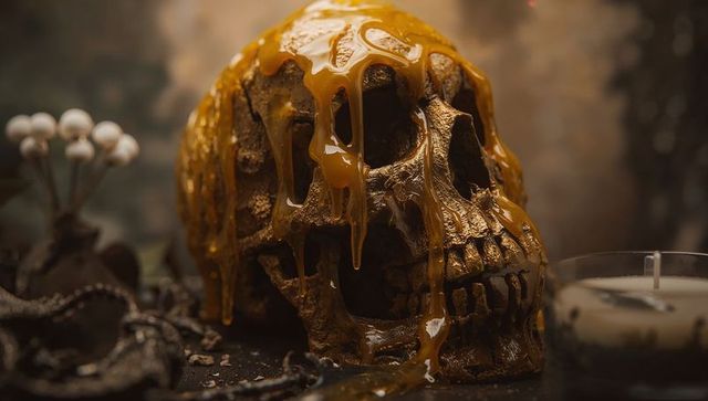 Gothic ritual ambiance: dripping amber wax skull