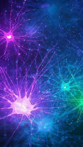 Vertical looped video of neon neuron network pulsing magenta and cyan in neural grid