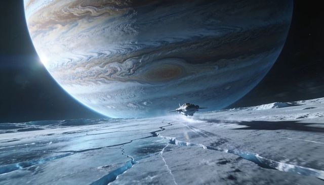 Shuttle hovering over fractured icy expanse beneath colossal swirling gas giant horizon