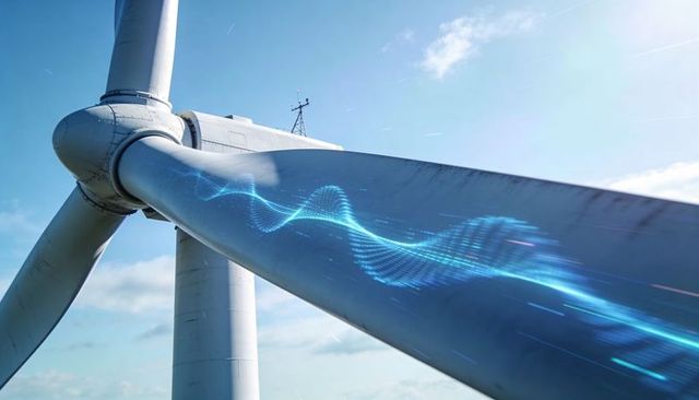 Wind turbine blade showing cyan digital waveform for predictive maintenance and energy
