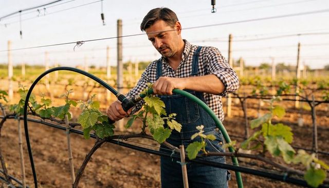 Farmer watering grapevines with hose and drip irrigation in sunlit vineyard