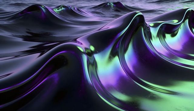 Flowing iridescent liquid waves reflecting purple and teal neon light