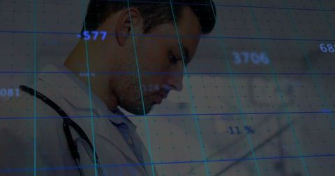 Doctor Using Technology in Healthcare with Data Overlay