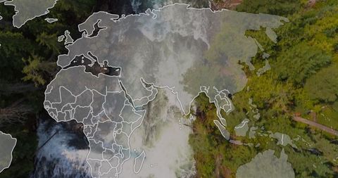 World Map Overlay on Waterfall Journey in Lush Forest