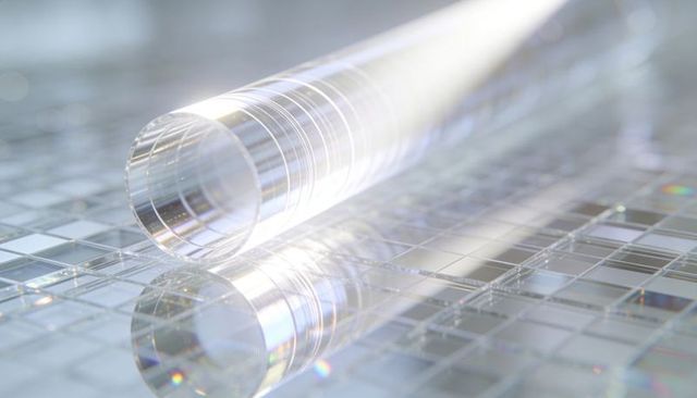 Crystal glass cylinder reflecting on iridescent mosaic tiles for tech design and optics