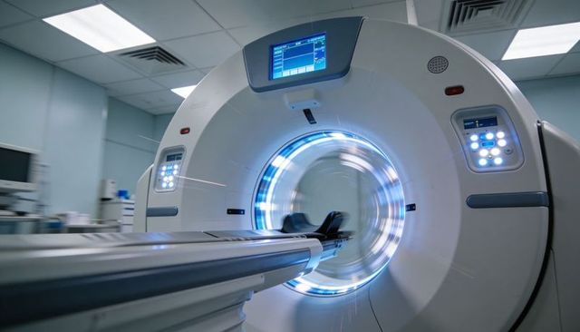 High-speed ct scanner rotating gantry with blue led rings and motorized patient table
