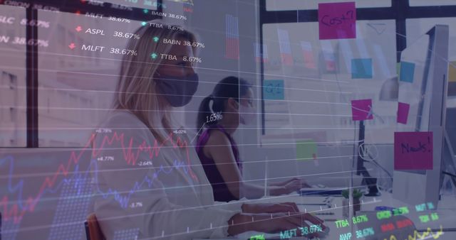 Businesswomen in a modern office analyzing data with a transparent overlay of stock market charts and graphs. Ideal for content related to financial analysis, corporate settings, teamwork, technology in business, and economic studies. Highlighting diverse professional work environments and the integration of technology in financial decision-making.