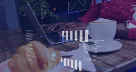 Afro woman with laptop at cafe analyzing digital data