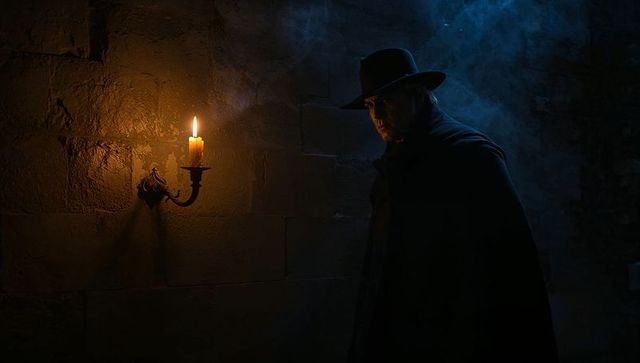 Mysterious Cloaked Figure in Shadowy Stone Corridor