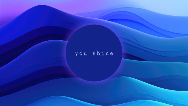 Fluid art design intertwines various shades of blue and purple forming abstract, wavy lines. Centered within a dark blue circle, the encouraging phrase 'You Shine' appears, promoting positivity and self-esteem. Perfect for use in motivational posters, social media graphics, greeting cards, and website banners to provide encouragement and inspiration.