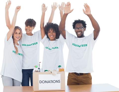 Transparent group of happy diverse volunteers raised arms by donation box