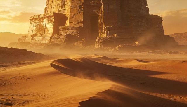 Monolithic sandstone ruin rising over wind-sculpted dunes during golden sunset