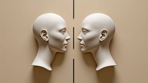 Symmetrical plaster head sculptures in conceptual art gallery, talking heads concept