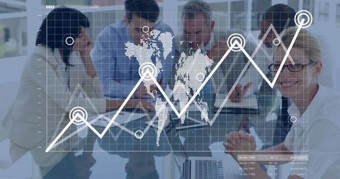 Global business meeting with digital analytics overlay in office