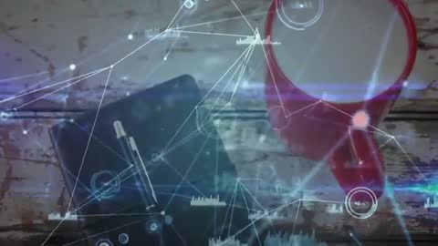 Digital Network Overlay on Rustic Desk with Coffee