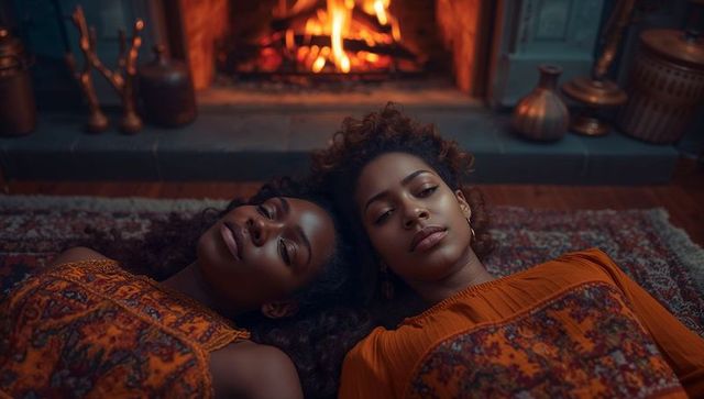 Two Women Relaxing by Fireplace in Cozy Home Setting