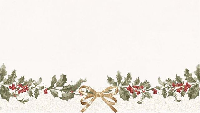Decorating Holly Garland Border with Red Berries Gold Ribbon Bow and Subtle Gold Confetti