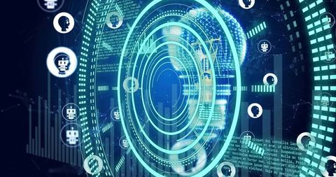 Futuristic ai dashboard with concentric hud rings rotating and pulsing data visualization