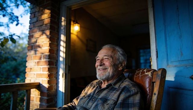 Senior man relaxing on covered porch at golden hour, smiling in worn leather chair