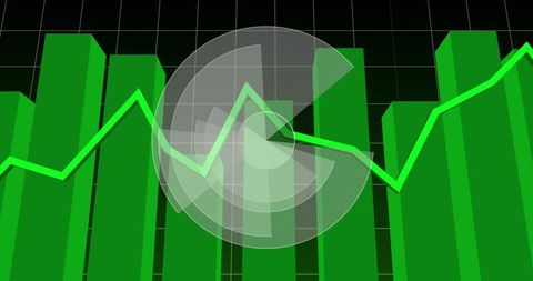 3d green bar chart with neon line and circular data overlay on dark grid dashboard