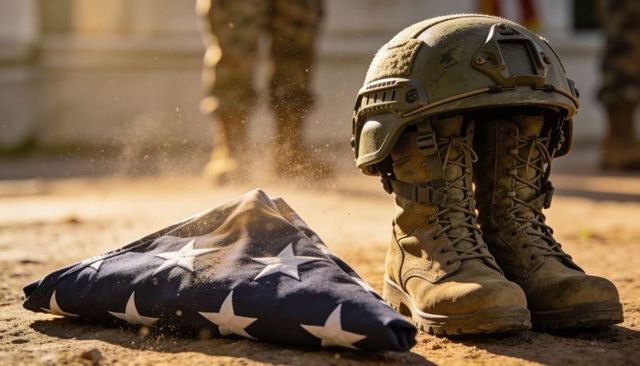 Folded american flag with combat boots and helmet on parade ground at sunset