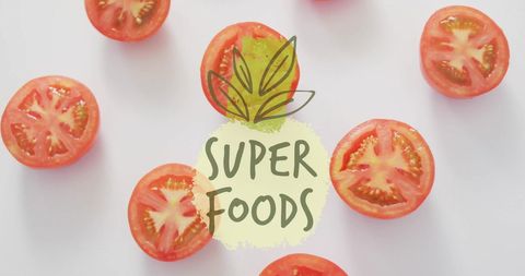 Superfoods Text Overlay on Fresh Sliced Tomatoes