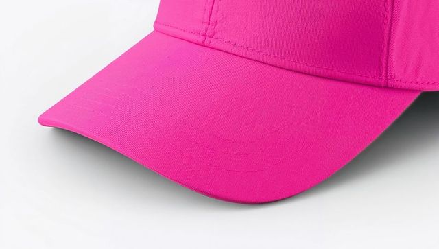 Magenta baseball cap closeup showing brim texture, stitched seams and fabric weave